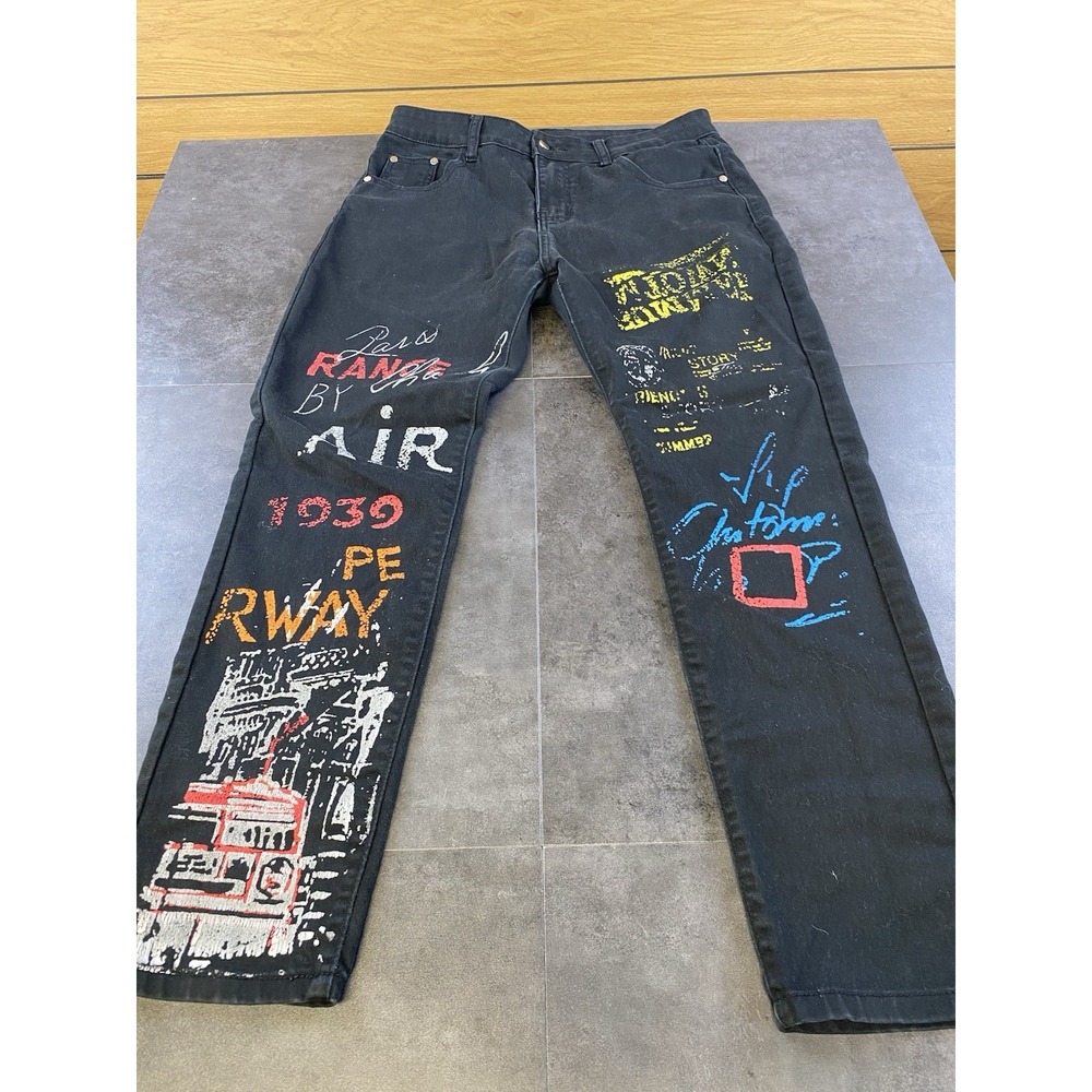 Men's Black Graffiti Graphic Streetwear Hip Hop Denim Jeans size 32x29